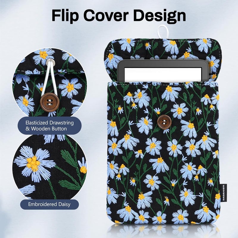 Dadanism 6-7 Inch Embroidered Daisy Floral Padded Sleeve for 7" All-New Kindle Paperwhite/Colorsoft Signature Edition, Protective Sleeve Carrying Case for 6" Kindle E-Reader/Oasis/Kobo E-Reader, Black - Image 4